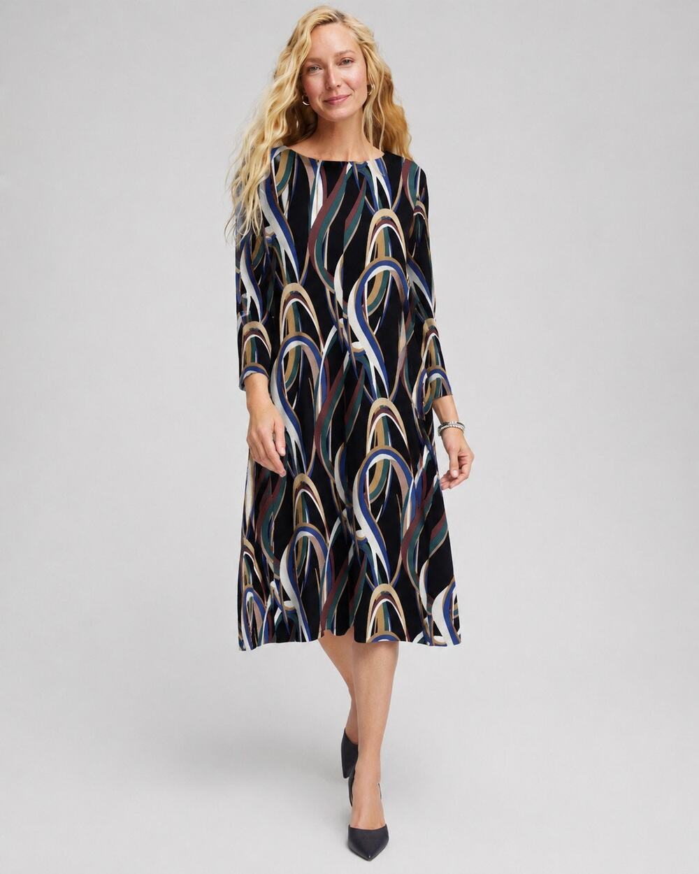 Chicos Travelers Floating Ribbons Midi Dress 3P Abstract Art To Wear Stretch NWT